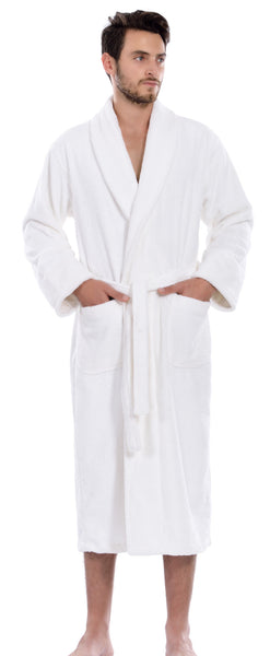 Hiera Home 100% Premium Turkish Cotton Men's Terry Bathrobe, White, OSFM