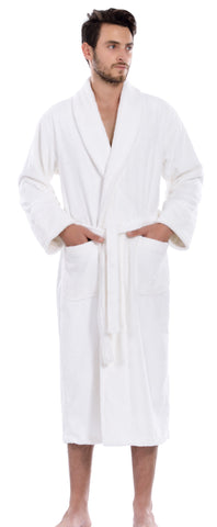 Hiera Home 100% Premium Turkish Cotton Men's Terry Bathrobe, White, OSFM