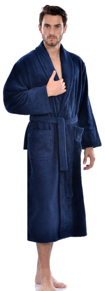 Hiera Home 100% Premium Turkish Cotton Men's Terry Bathrobe, Navy, OSFM