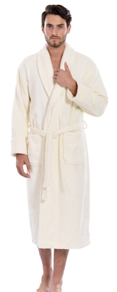 Hiera Home 100% Premium Turkish Cotton Men's Terry Bathrobe, Ivory, OSFM