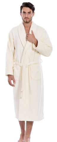 Hiera Home 100% Premium Turkish Cotton Men's Terry Bathrobe, Ivory, OSFM