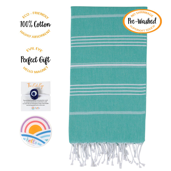 Hello Peshtemal Turkish Bath Towel, 39” x 71”, Ultra Soft and Super Absorbent Handwoven Cotton, Decorative, Beach, Pool, Gym, Picnic or Travel Use, Quick Dry Fabric, Green