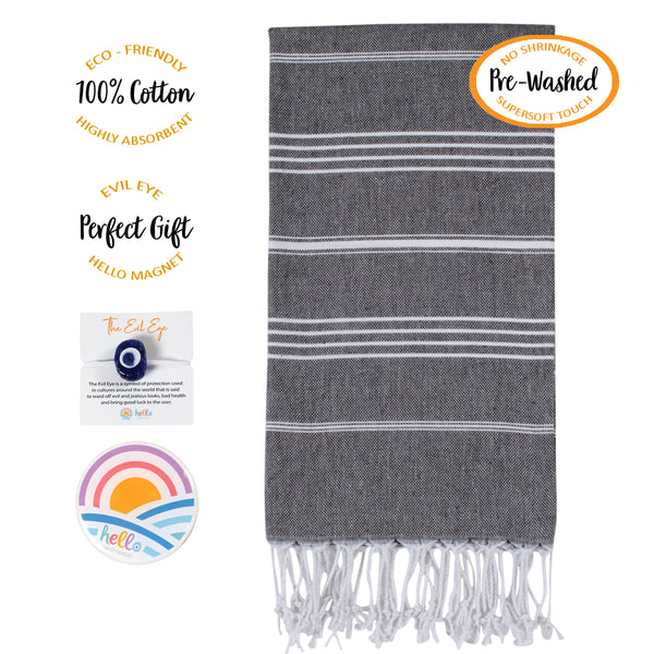 Hello Peshtemal Turkish Bath Towel, 39” x 71”, Ultra Soft and Super Absorbent Handwoven Cotton, Decorative, Beach, Pool, Gym, Picnic or Travel Use, Quick Dry Fabric, Black