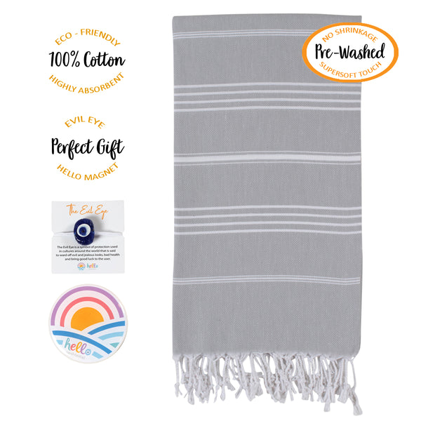 Hello Peshtemal Turkish Bath Towel, 39” x 71”, Ultra Soft and Super Absorbent Handwoven Cotton, Decorative, Beach, Pool, Gym, Picnic or Travel Use, Quick Dry Fabric, Grey