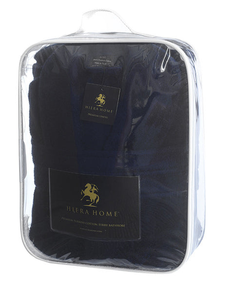 Hiera Home 100% Premium Turkish Cotton Men's Terry Bathrobe, Navy, OSFM