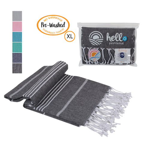 Hello Peshtemal Turkish Bath Towel, 39” x 71”, Ultra Soft and Super Absorbent Handwoven Cotton, Decorative, Beach, Pool, Gym, Picnic or Travel Use, Quick Dry Fabric, Black