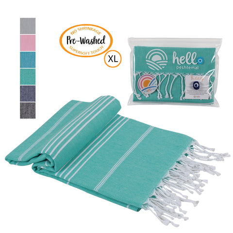 Hello Peshtemal Turkish Bath Towel, 39” x 71”, Ultra Soft and Super Absorbent Handwoven Cotton, Decorative, Beach, Pool, Gym, Picnic or Travel Use, Quick Dry Fabric, Green