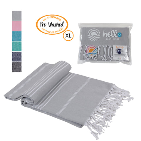 Hello Peshtemal Turkish Bath Towel, 39” x 71”, Ultra Soft and Super Absorbent Handwoven Cotton, Decorative, Beach, Pool, Gym, Picnic or Travel Use, Quick Dry Fabric, Grey