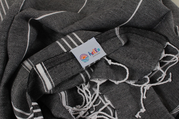 Hello Peshtemal Turkish Bath Towel, 39” x 71”, Ultra Soft and Super Absorbent Handwoven Cotton, Decorative, Beach, Pool, Gym, Picnic or Travel Use, Quick Dry Fabric, Black