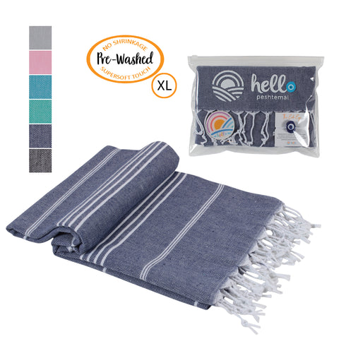 Hello Peshtemal Turkish Bath Towel, 39” x 71”, Ultra Soft and Super Absorbent Handwoven Cotton, Decorative, Beach, Pool, Gym, Picnic or Travel Use, Quick Dry Fabric, Navy